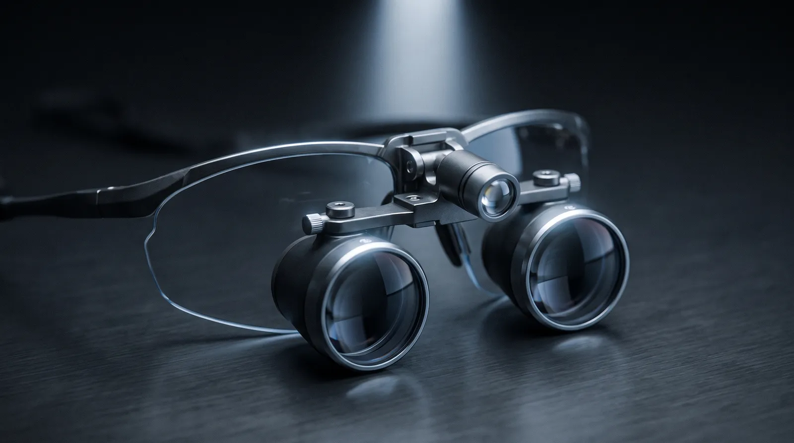 Binocular dental surgical loupes with LED headlight on dark surface