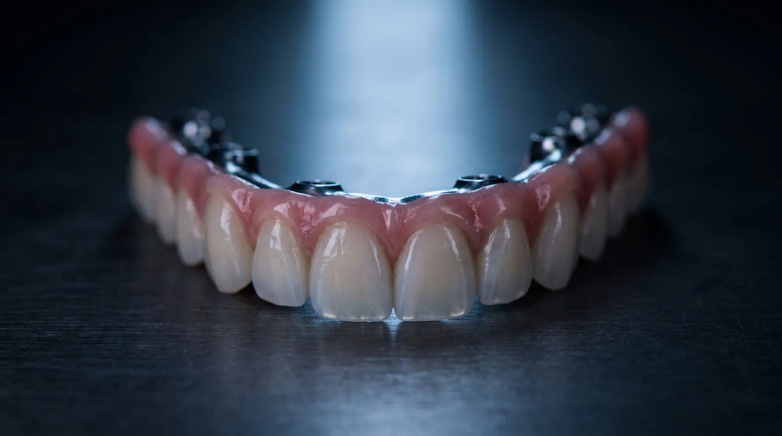 Full-arch implant-supported dental prosthesis on a dark graphite surface