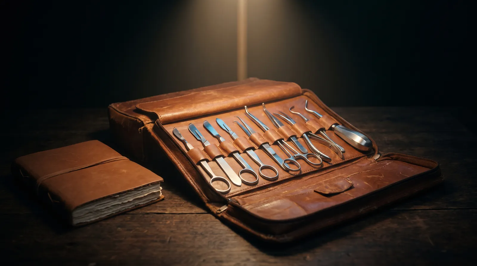 Open vintage leather case with precision dental instruments beside a plain leather notebook
