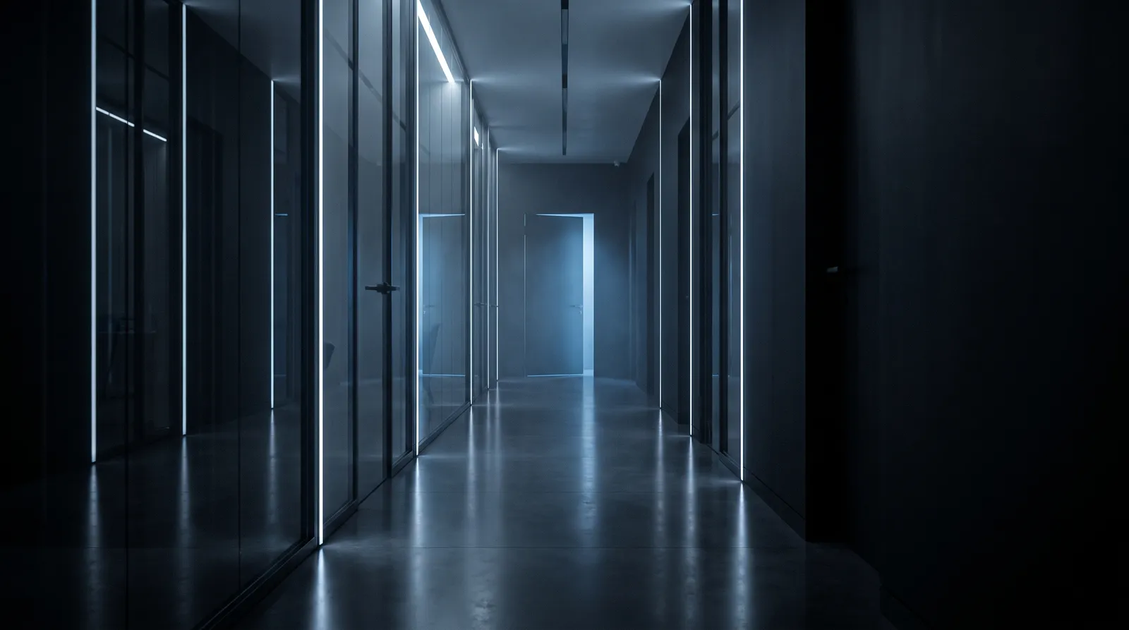 Dark clinic corridor with glass partitions and steel-blue light lines leading to a lit doorway