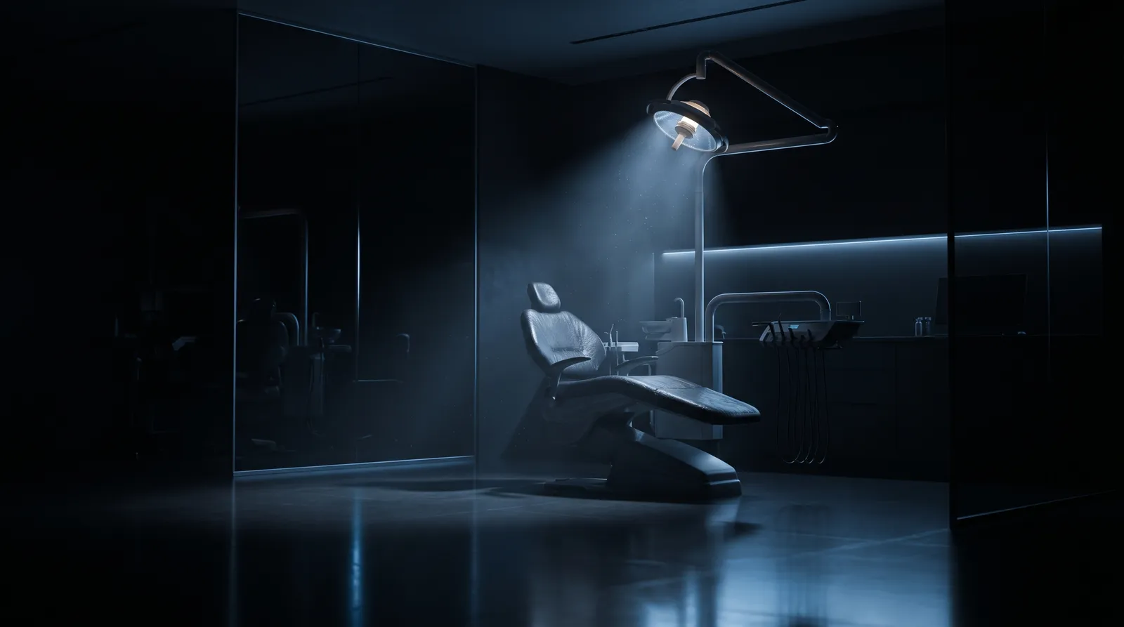 Dark luxury dental operatory with a single glowing surgical lamp