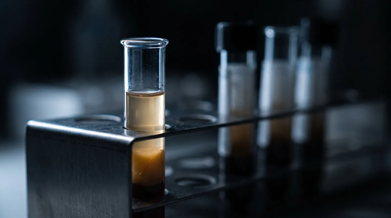 Centrifuge tubes with separated amber platelet-rich fibrin layers in a dark laboratory