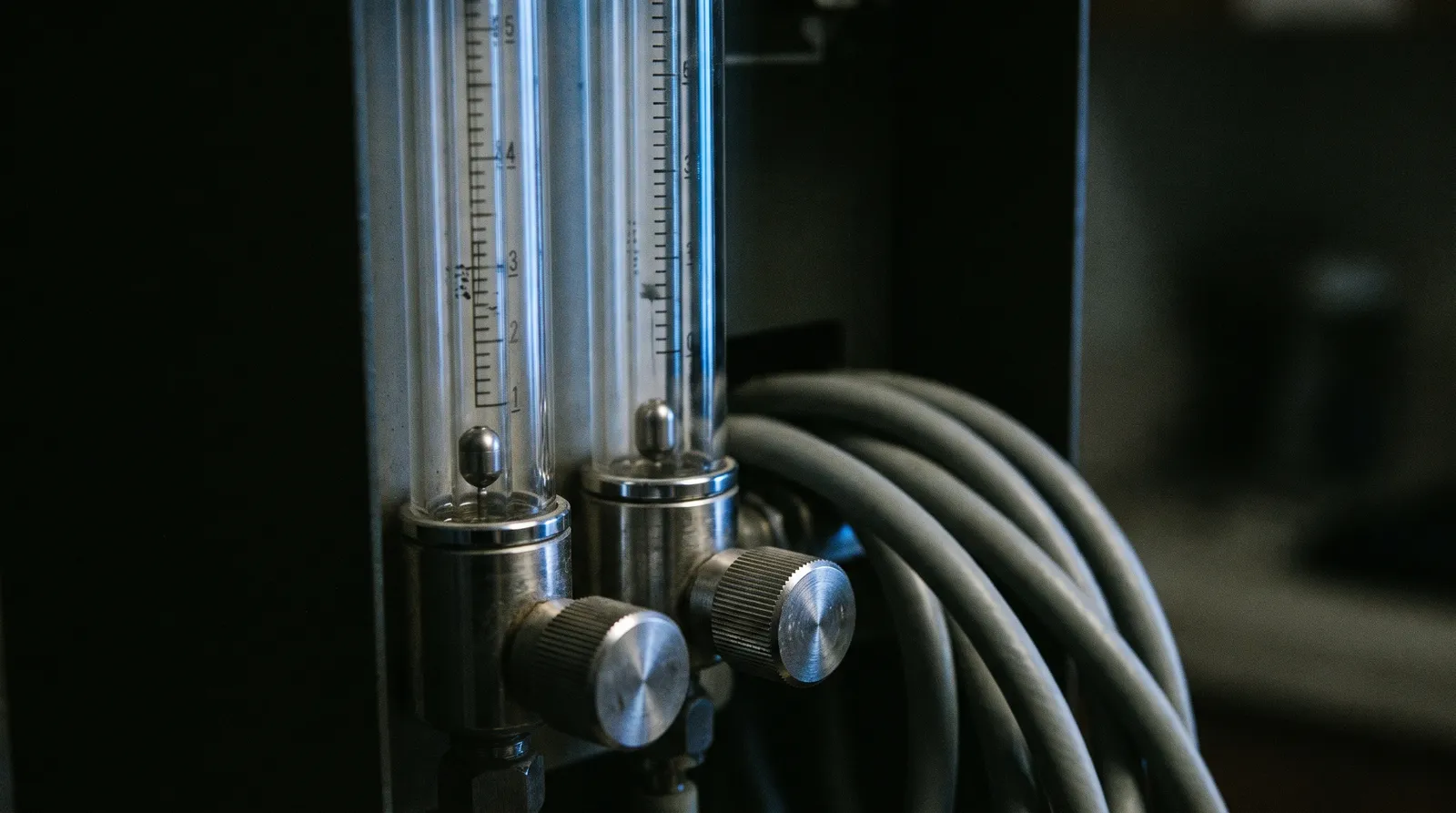 Analog sedation flowmeter tubes and breathing circuit in a dark operatory