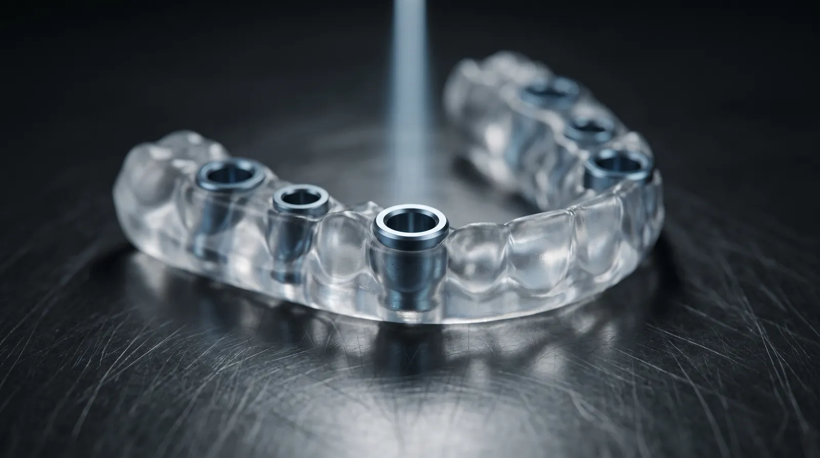 Translucent 3D-printed surgical guide with titanium drill sleeves on dark surface