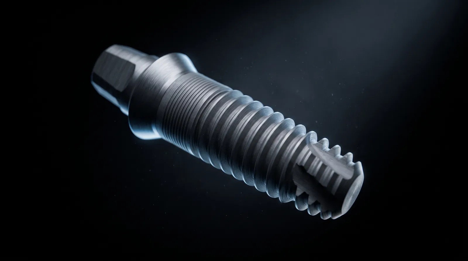 Extreme macro of a titanium dental implant in a dark void with steel-blue rim light